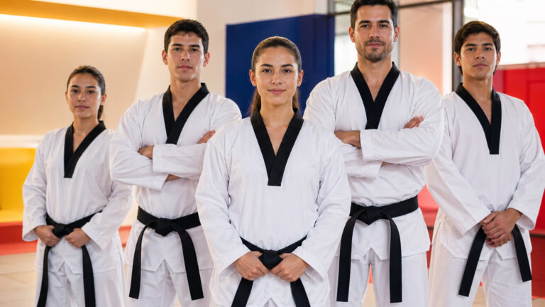 Practicantes de Taekwondo con dobok blanco y cuello negro tradicional
