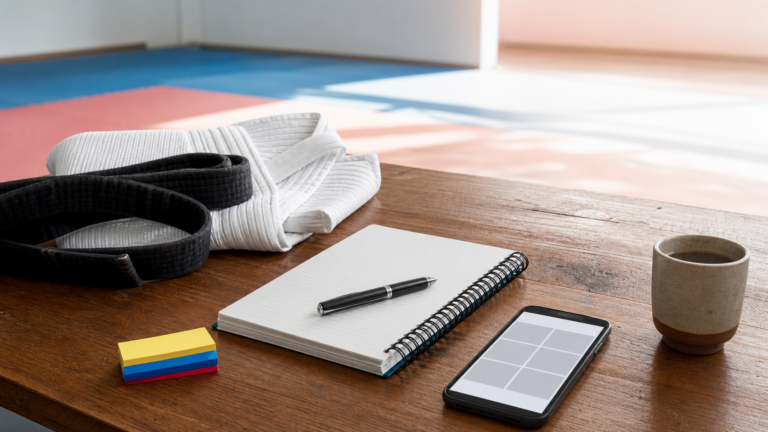 Libreta, celular, dobok y cinturon negro para documentar eventos y seminarios de Taekwondo