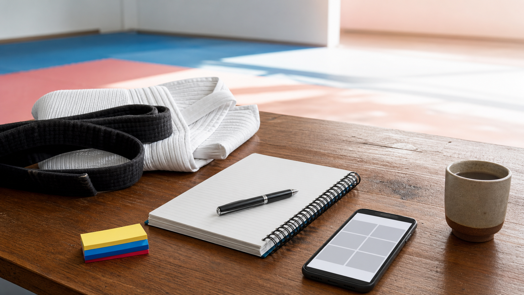 Libreta, celular, dobok y cinturon negro para documentar eventos y seminarios de Taekwondo