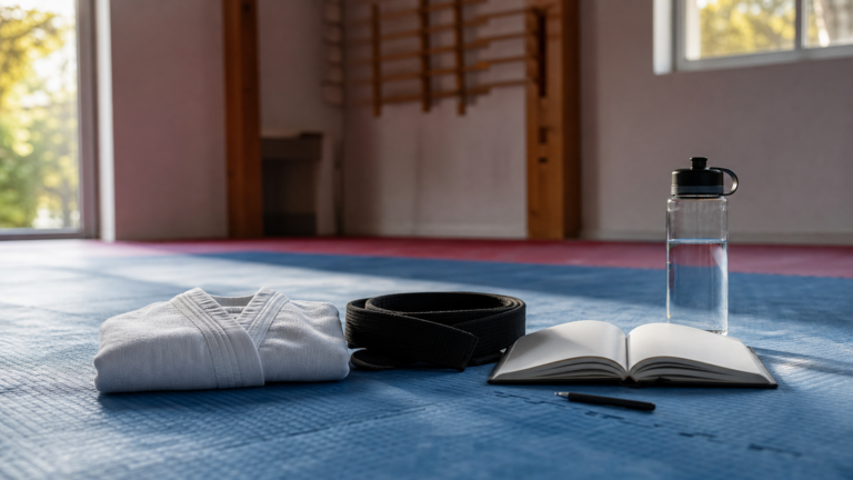 Dobok, cinturon negro y libreta en un dojang como simbolo de constancia en la practica