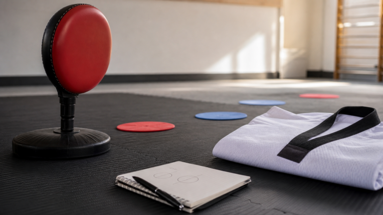 Paleta de entrenamiento, marcadores de piso, dobok y libreta para trabajar tecnica consciente