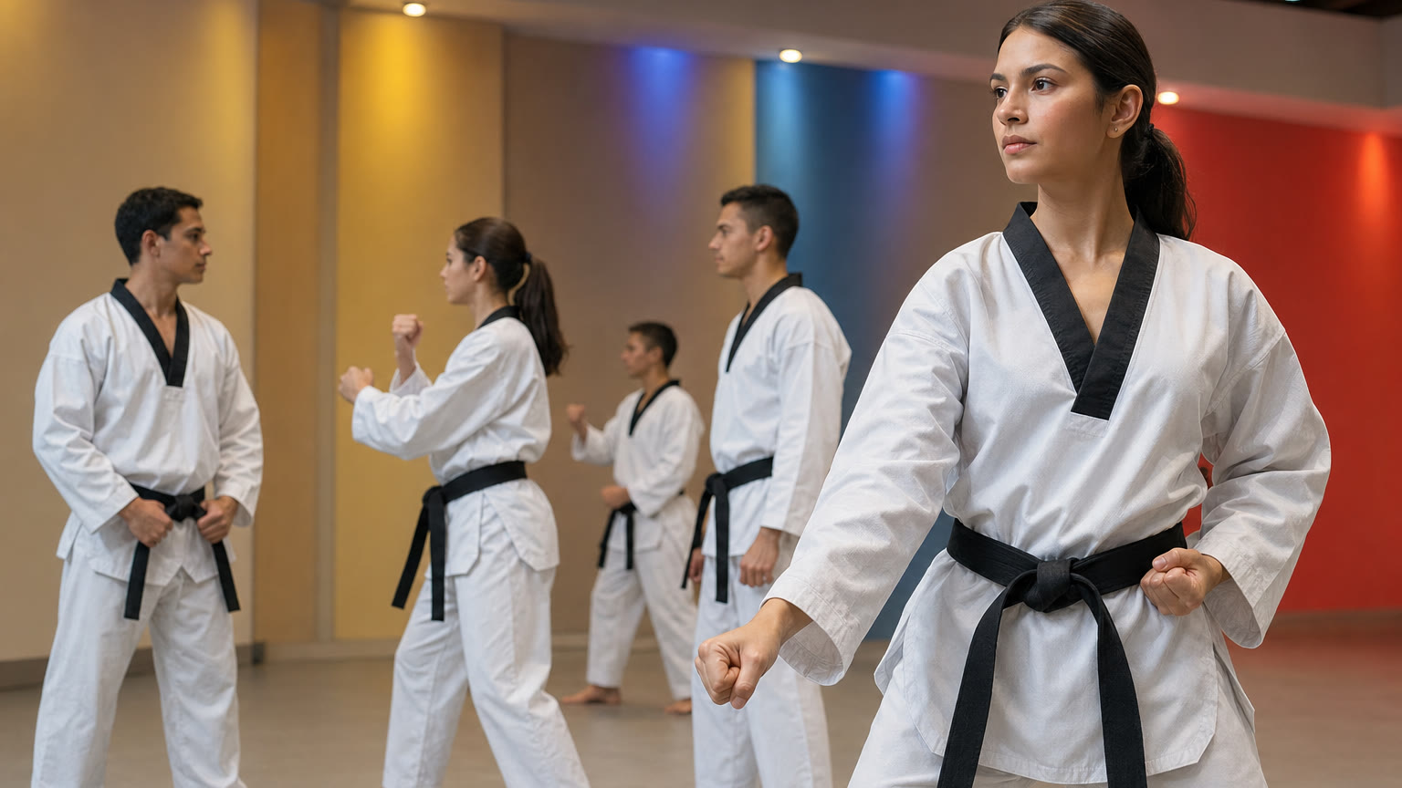 Practicantes de Taekwondo de GTTF Colombia en postura marcial con colores institucionales de Colombia
