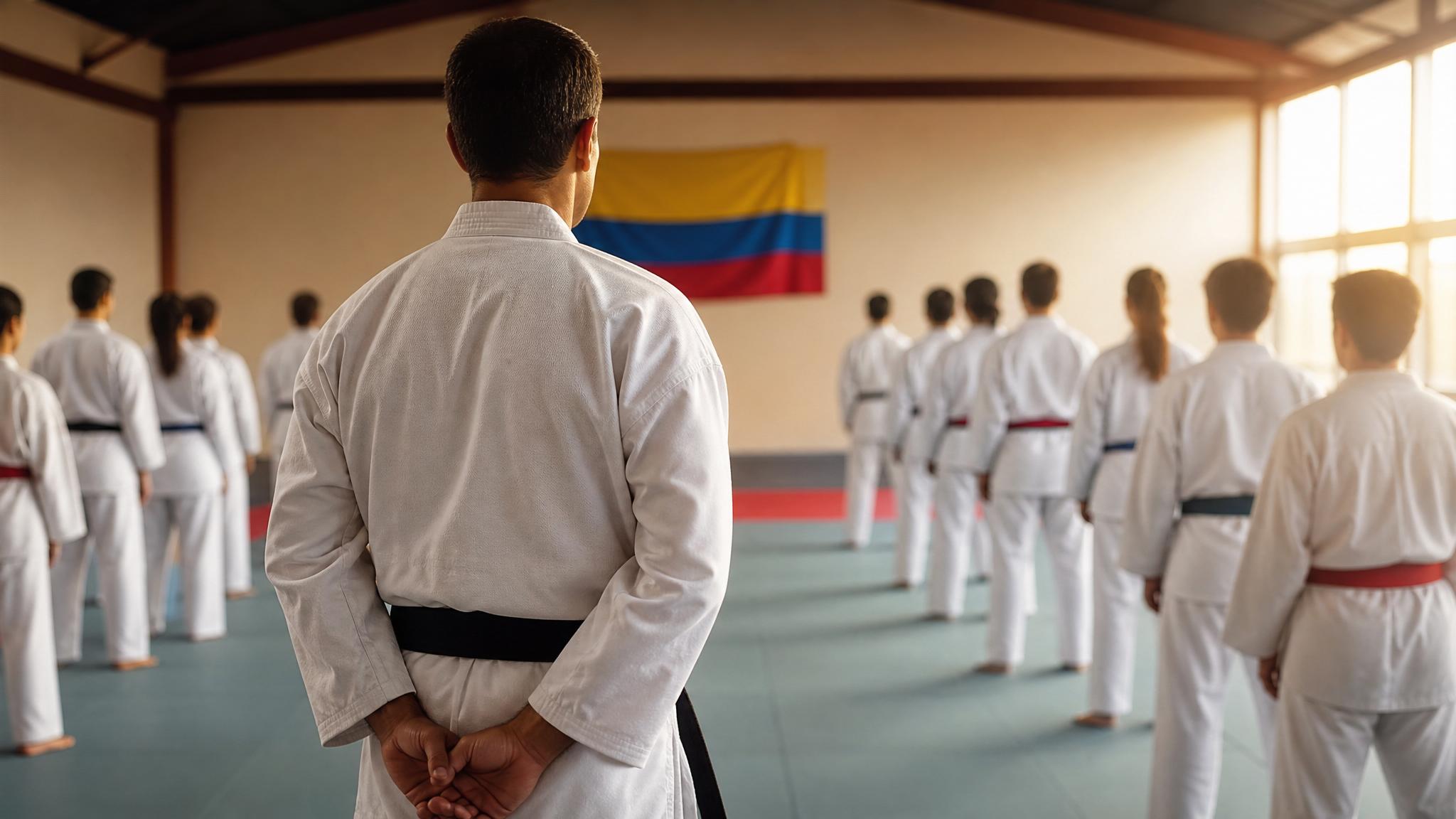 Maestro de Taekwondo frente a estudiantes en formación, con referencia visual a Colombia