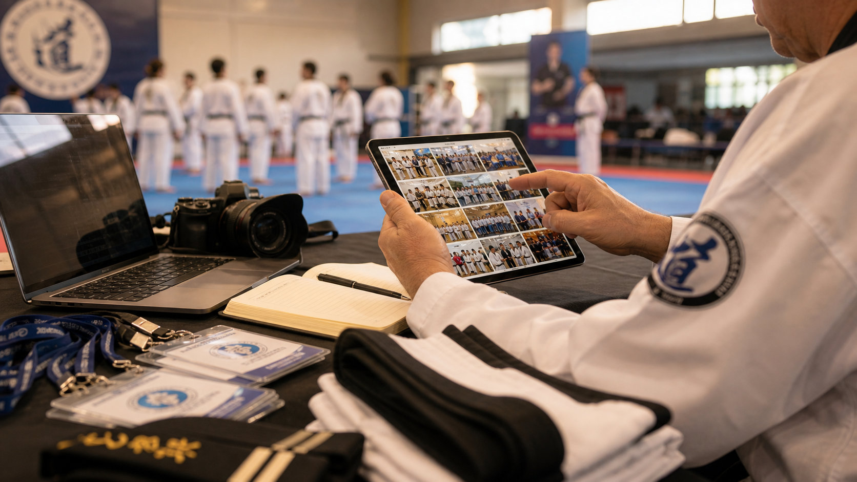 Dobok, cinturón, libreta y celular sobre una mesa como referencia a documentación y comunicación institucional