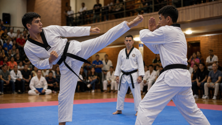 Palmeta, dobok y elementos de entrenamiento sobre área de Taekwondo como referencia a la preparación para torneos