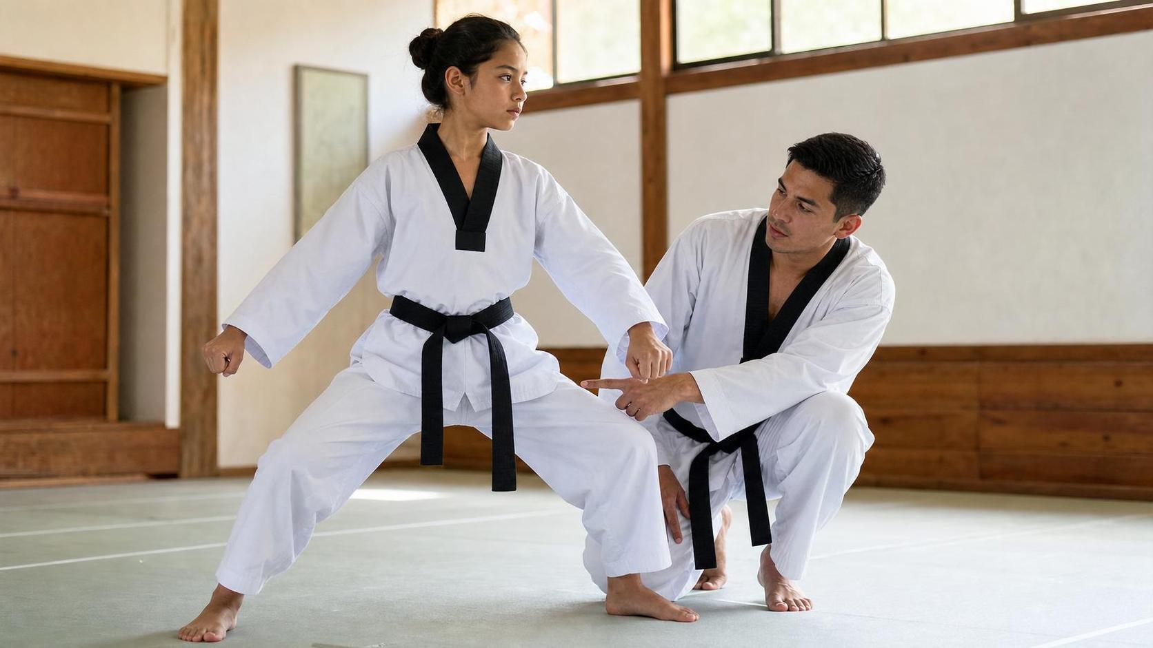 Imagen editorial unica para control del centro de gravedad en Taekwondo tradicional