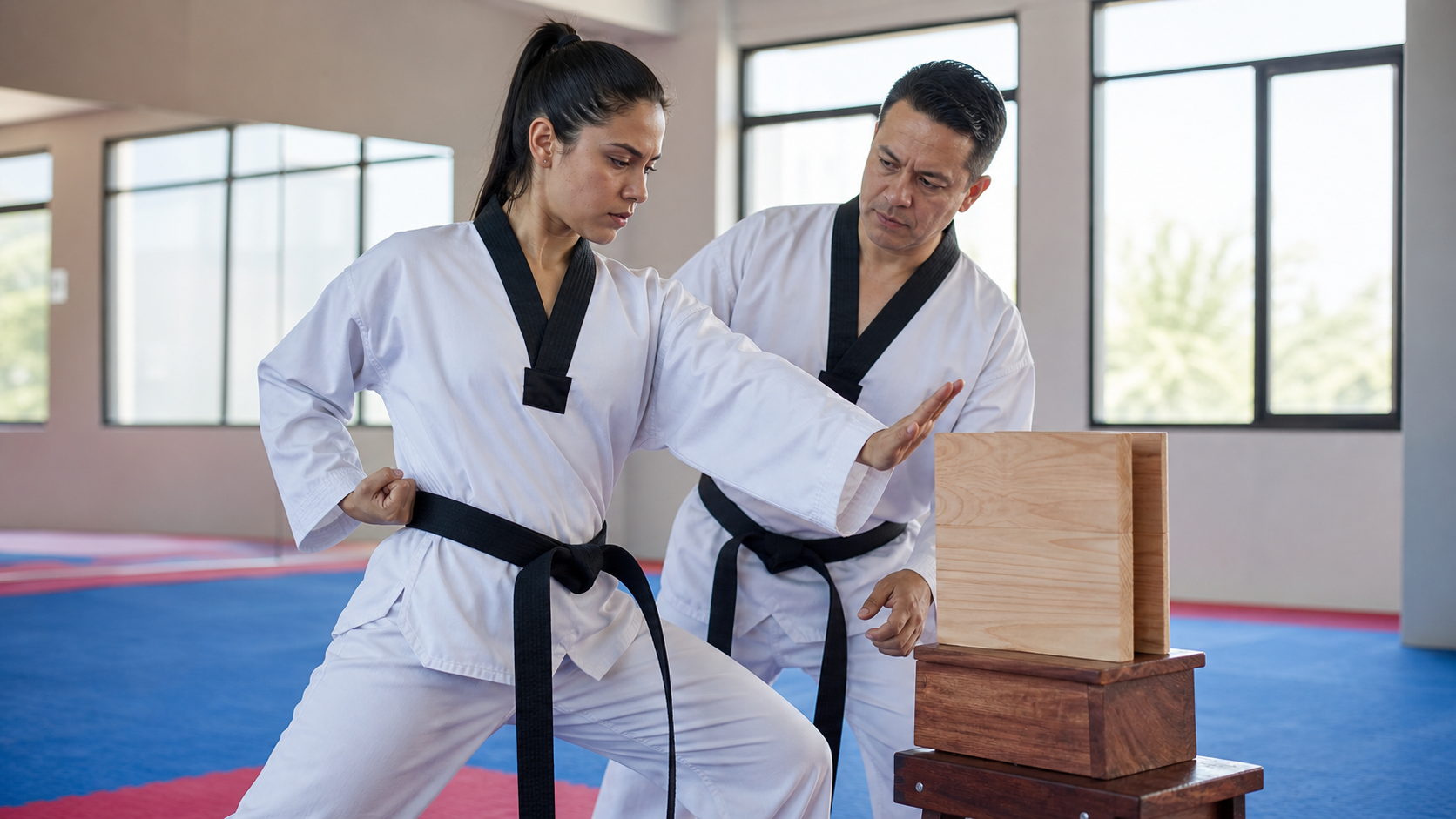 Practicante de Taekwondo preparando tecnica de Kyopa con instructor revisando alineacion