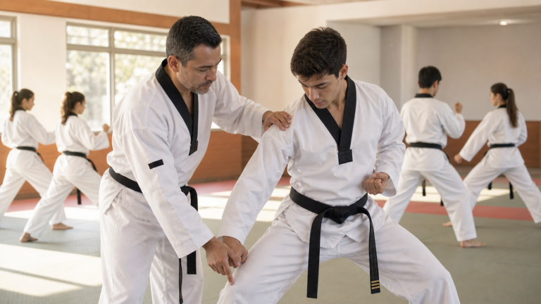 Instructor corrigiendo postura de estudiante de Taekwondo durante entrenamiento en dojang