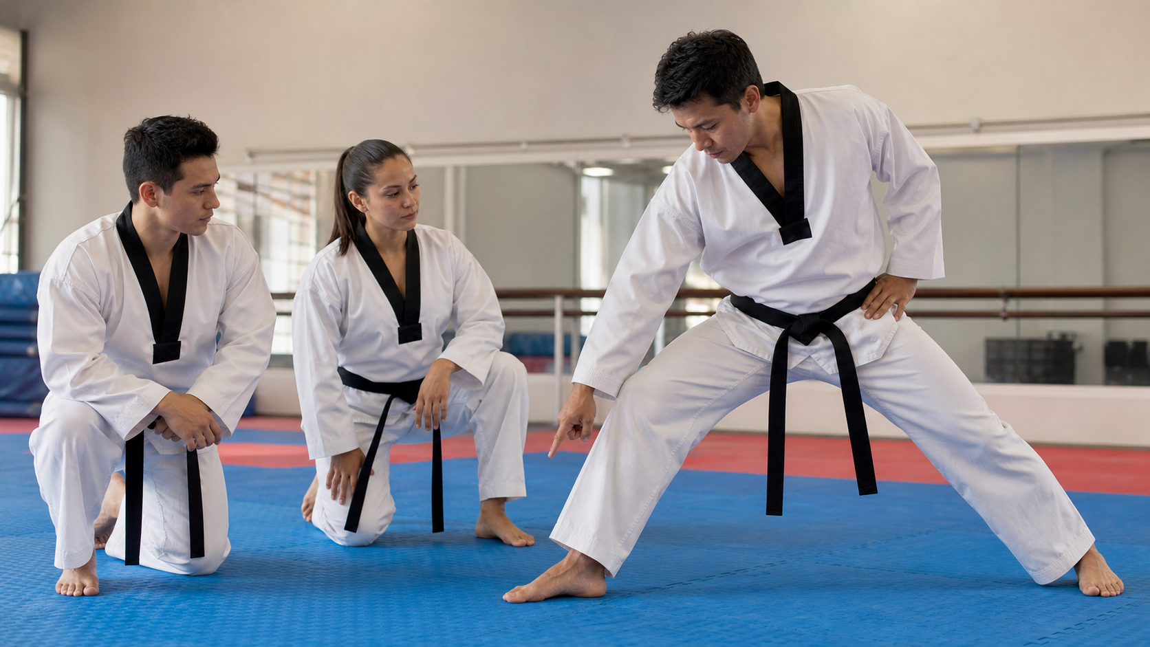 Instructor de Taekwondo explicando postura y colocacion de pies a estudiantes
