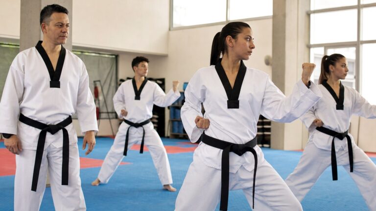 Imagen editorial unica para transiciones en Poomsae, basada en referencia real de practica tecnica